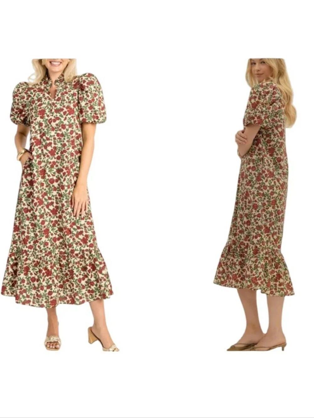NWT Entro Roses Are Red Midi Dress Puff Sleeve Floral Print Red Green Cream L